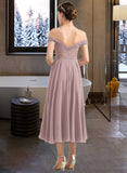 Leah A-Line Off-the-Shoulder Tea-Length Chiffon Lace Bridesmaid Dress With Beading UKP0016534