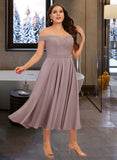 Leah A-Line Off-the-Shoulder Tea-Length Chiffon Lace Bridesmaid Dress With Beading UKP0016534