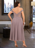 Leah A-Line Off-the-Shoulder Tea-Length Chiffon Lace Bridesmaid Dress With Beading UKP0016534