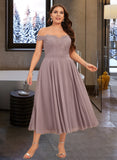 Leah A-Line Off-the-Shoulder Tea-Length Chiffon Lace Bridesmaid Dress With Beading UKP0016534