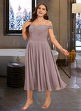 Leah A-Line Off-the-Shoulder Tea-Length Chiffon Lace Bridesmaid Dress With Beading UKP0016534