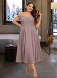 Leah A-Line Off-the-Shoulder Tea-Length Chiffon Lace Bridesmaid Dress With Beading UKP0016534