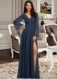 Reagan A-Line V-neck Floor-Length Chiffon Bridesmaid Dress With Split Front UKP0016536