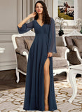 Reagan A-Line V-neck Floor-Length Chiffon Bridesmaid Dress With Split Front UKP0016536