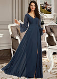 Reagan A-Line V-neck Floor-Length Chiffon Bridesmaid Dress With Split Front UKP0016536