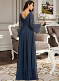 Reagan A-Line V-neck Floor-Length Chiffon Bridesmaid Dress With Split Front UKP0016536