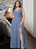 Adeline A-Line V-neck Floor-Length Chiffon Bridesmaid Dress With Bow(s) Split Front UKP0016538