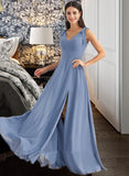 Adeline A-Line V-neck Floor-Length Chiffon Bridesmaid Dress With Bow(s) Split Front UKP0016538