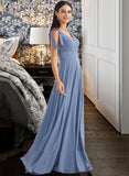 Adeline A-Line V-neck Floor-Length Chiffon Bridesmaid Dress With Bow(s) Split Front UKP0016538