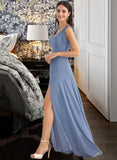 Adeline A-Line V-neck Floor-Length Chiffon Bridesmaid Dress With Bow(s) Split Front UKP0016538