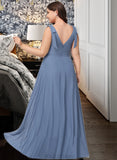 Adeline A-Line V-neck Floor-Length Chiffon Bridesmaid Dress With Bow(s) Split Front UKP0016538