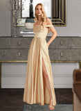 Madisyn A-Line Off-the-Shoulder Floor-Length Satin Bridesmaid Dress With Split Front Pockets UKP0016543