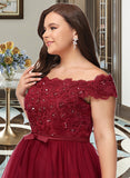 Cynthia A-Line Off-the-Shoulder Asymmetrical Tulle Lace Bridesmaid Dress With Lace Beading Bow(s) UKP0016544