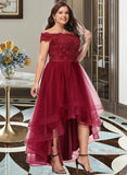 Cynthia A-Line Off-the-Shoulder Asymmetrical Tulle Lace Bridesmaid Dress With Lace Beading Bow(s) UKP0016544