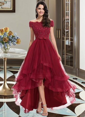 Cynthia A-Line Off-the-Shoulder Asymmetrical Tulle Lace Bridesmaid Dress With Lace Beading Bow(s) UKP0016544