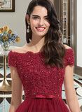 Cynthia A-Line Off-the-Shoulder Asymmetrical Tulle Lace Bridesmaid Dress With Lace Beading Bow(s) UKP0016544