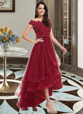 Cynthia A-Line Off-the-Shoulder Asymmetrical Tulle Lace Bridesmaid Dress With Lace Beading Bow(s) UKP0016544