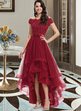 Cynthia A-Line Off-the-Shoulder Asymmetrical Tulle Lace Bridesmaid Dress With Lace Beading Bow(s) UKP0016544