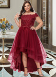 Cynthia A-Line Off-the-Shoulder Asymmetrical Tulle Lace Bridesmaid Dress With Lace Beading Bow(s) UKP0016544