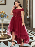 Cynthia A-Line Off-the-Shoulder Asymmetrical Tulle Lace Bridesmaid Dress With Lace Beading Bow(s) UKP0016544