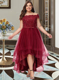 Cynthia A-Line Off-the-Shoulder Asymmetrical Tulle Lace Bridesmaid Dress With Lace Beading Bow(s) UKP0016544