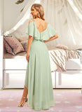 Viola A-line V-Neck Asymmetrical Chiffon Bridesmaid Dress With Ruffle UKP0016545