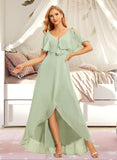 Viola A-line V-Neck Asymmetrical Chiffon Bridesmaid Dress With Ruffle UKP0016545