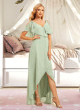 Viola A-line V-Neck Asymmetrical Chiffon Bridesmaid Dress With Ruffle UKP0016545