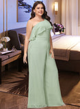 Gemma Jumpsuit/Pantsuit One Shoulder Floor-Length Chiffon Bridesmaid Dress With Ruffle UKP0016546