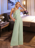 Gemma Jumpsuit/Pantsuit One Shoulder Floor-Length Chiffon Bridesmaid Dress With Ruffle UKP0016546