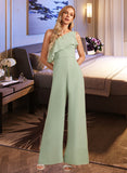 Gemma Jumpsuit/Pantsuit One Shoulder Floor-Length Chiffon Bridesmaid Dress With Ruffle UKP0016546