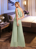 Gemma Jumpsuit/Pantsuit One Shoulder Floor-Length Chiffon Bridesmaid Dress With Ruffle UKP0016546