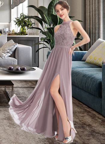 Raegan A-Line Halter Floor-Length Chiffon Lace Bridesmaid Dress With Split Front UKP0016547