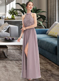 Raegan A-Line Halter Floor-Length Chiffon Lace Bridesmaid Dress With Split Front UKP0016547