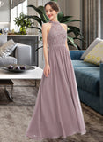 Raegan A-Line Halter Floor-Length Chiffon Lace Bridesmaid Dress With Split Front UKP0016547