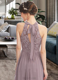 Raegan A-Line Halter Floor-Length Chiffon Lace Bridesmaid Dress With Split Front UKP0016547