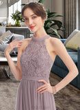 Raegan A-Line Halter Floor-Length Chiffon Lace Bridesmaid Dress With Split Front UKP0016547