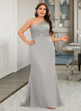 Aliya Trumpet/Mermaid One-Shoulder Sweep Train Chiffon Lace Bridesmaid Dress UKP0016548