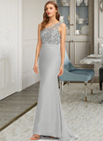 Aliya Trumpet/Mermaid One-Shoulder Sweep Train Chiffon Lace Bridesmaid Dress UKP0016548