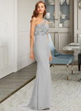 Aliya Trumpet/Mermaid One-Shoulder Sweep Train Chiffon Lace Bridesmaid Dress UKP0016548