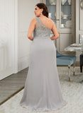 Aliya Trumpet/Mermaid One-Shoulder Sweep Train Chiffon Lace Bridesmaid Dress UKP0016548