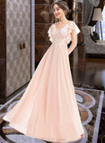 Helen A-line V-Neck Floor-Length Chiffon Lace Bridesmaid Dress With Ruffle UKP0016550