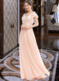 Helen A-line V-Neck Floor-Length Chiffon Lace Bridesmaid Dress With Ruffle UKP0016550