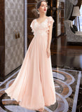 Helen A-line V-Neck Floor-Length Chiffon Lace Bridesmaid Dress With Ruffle UKP0016550