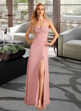 Nayeli A-Line V-neck Floor-Length Chiffon Bridesmaid Dress With Split Front UKP0016553