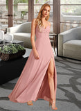 Nayeli A-Line V-neck Floor-Length Chiffon Bridesmaid Dress With Split Front UKP0016553