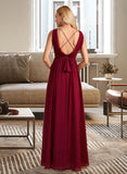 Lilith A-Line High Neck Floor-Length Chiffon Bridesmaid Dress With Bow(s) UKP0016554