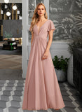 Johanna A-Line V-neck Floor-Length Chiffon Bridesmaid Dress With Ruffle UKP0016555