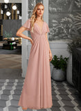 Johanna A-Line V-neck Floor-Length Chiffon Bridesmaid Dress With Ruffle UKP0016555