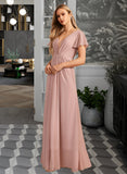 Johanna A-Line V-neck Floor-Length Chiffon Bridesmaid Dress With Ruffle UKP0016555